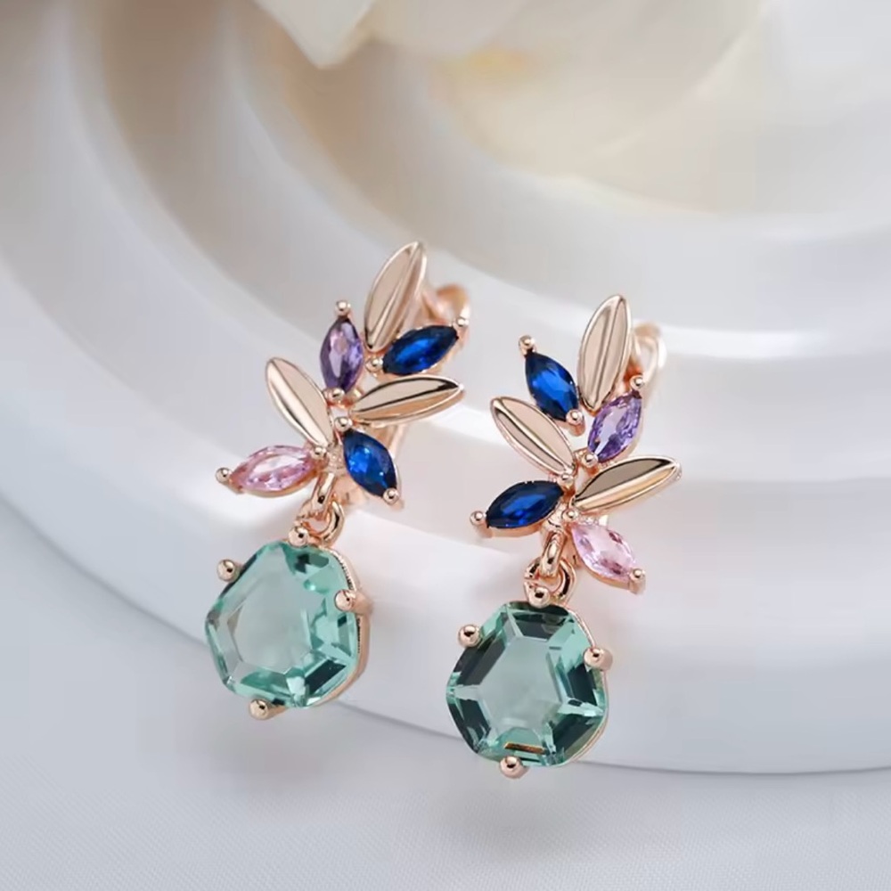 Green Natural Zirconia Pendant Rose Gold Earrings - Picture 4 of 7